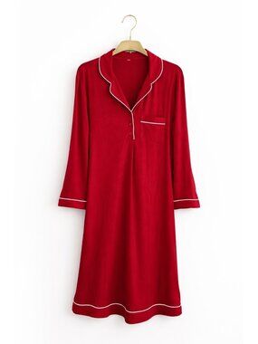 Escalier Womens Medium Red Top Notch Nightgown Long Sleeve Pajamas NEW